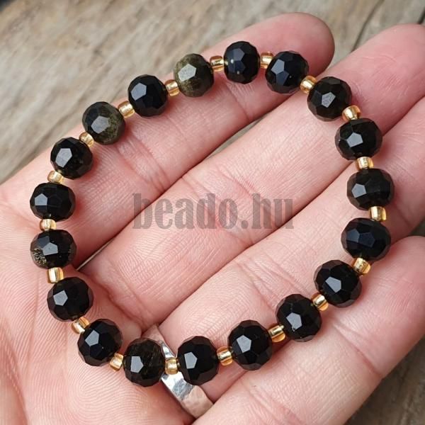 naramok-z-mineralu-obsidian-zlaty-rondelky-6x8mm-s-rokajlom-elasticky-damsky-cierny-